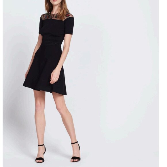 Sandro Paris Rose & Bird Embroidery Paneled Knit Mini Dress Black Size 2 - Picture 1 of 11